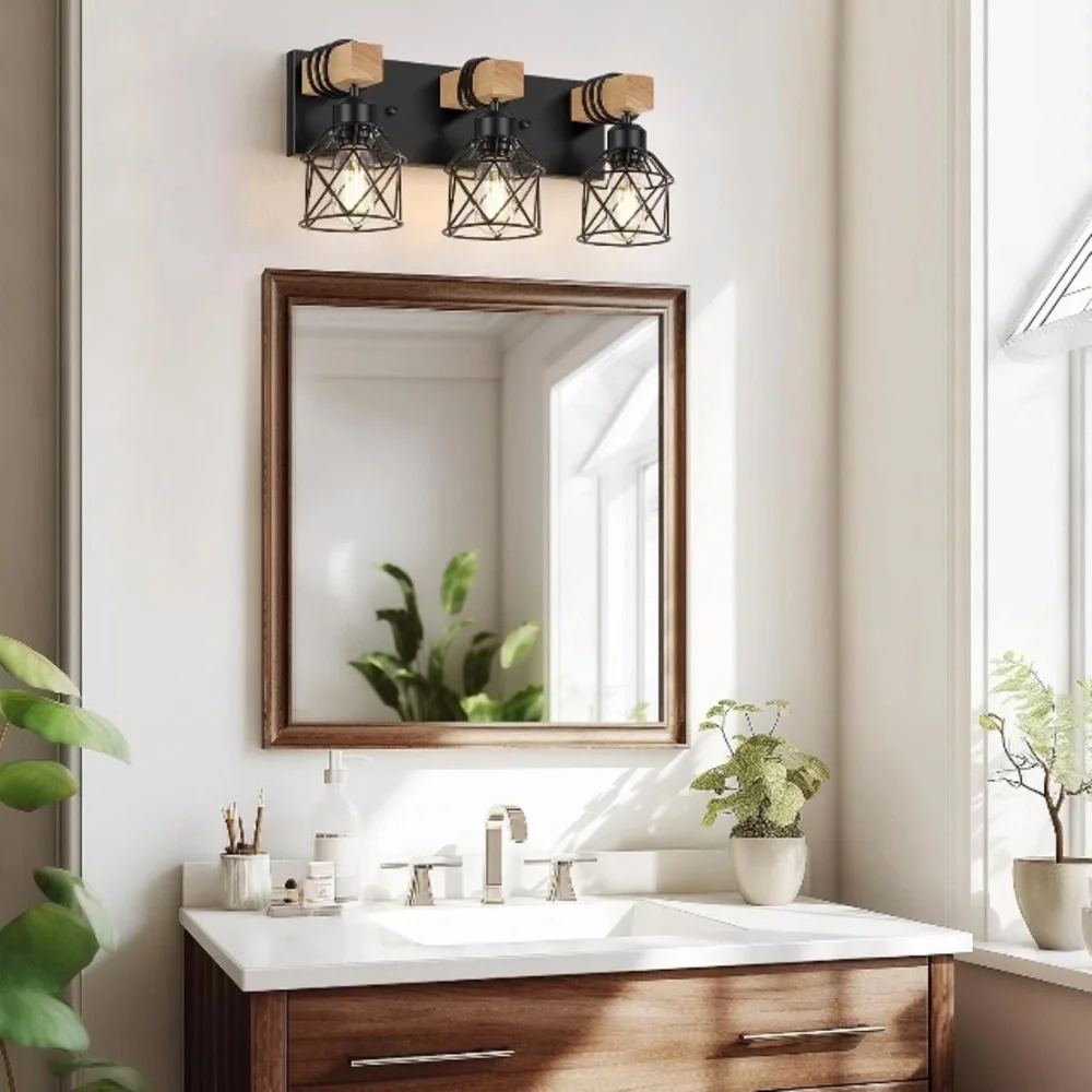 Brown Wood Framed Bathroom Mirror - Classic Square Wall Mirror